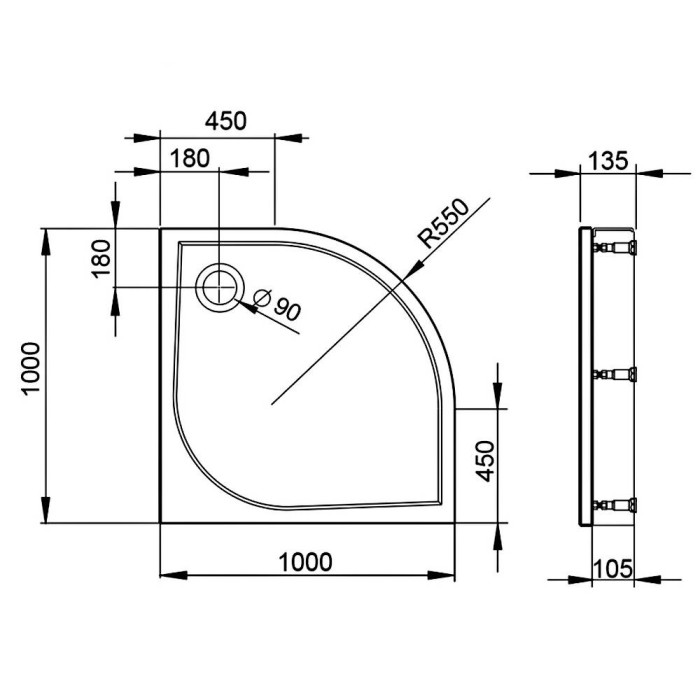 Поддон Devit Universal FTR4010 душевой 100х100 (четверть круга), с ножками, панелью, сифоном Поддон Devit Universal FTR4010 душевой 100х100 (четверть круга), с ножками, панелью, сифоном