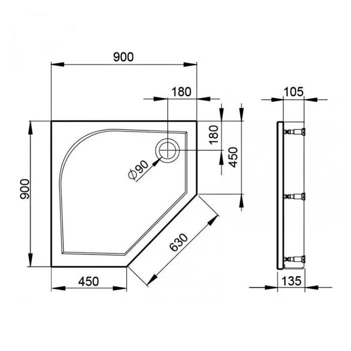 Поддон Devit Universal FTR4209 душевой 90х90 (пятиугольный), с ножками, панелью, сифоном