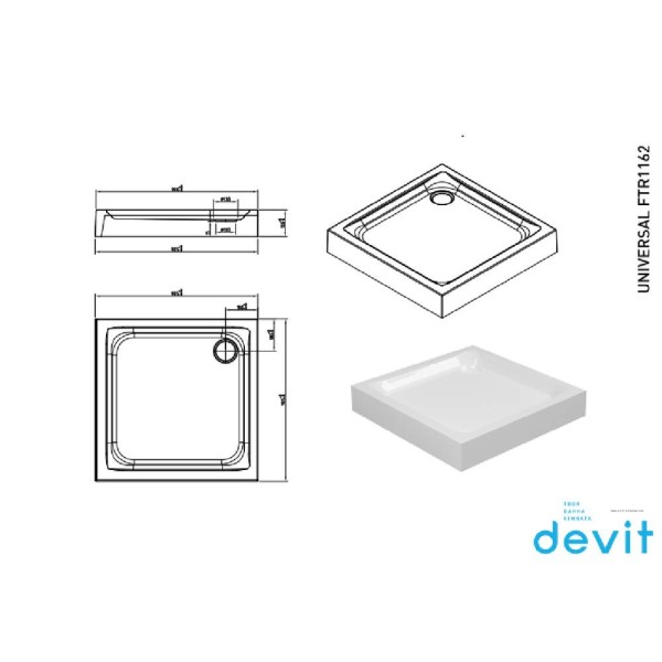 Душовий піддон Devit Universal FTR1162 90x90х13,5 см квадратний