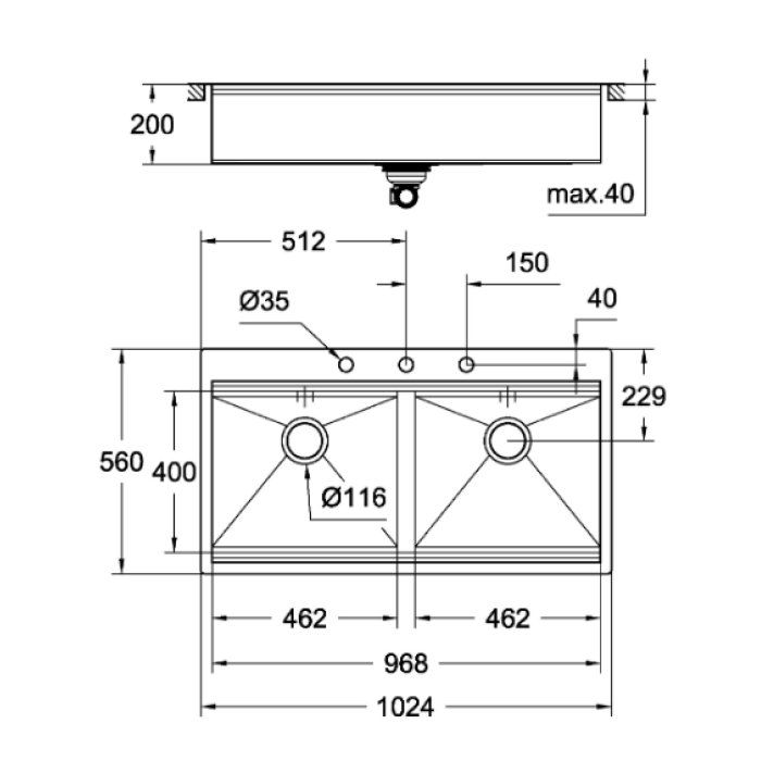 Мойдка для кухни Grohe 1024x560 мм, 2 чаши, матовая, в уровень со столешницей (31585SD0)