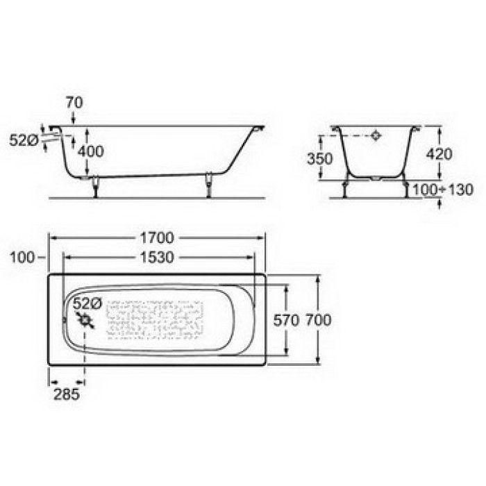 Ванна чугунная 170*70см ROCA CONTINENTAL A21291100R с покрытием против скольжения
