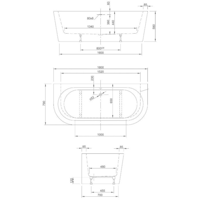 Ванна акриловая пристенная Knief Wall 180x80 см (0100-277)