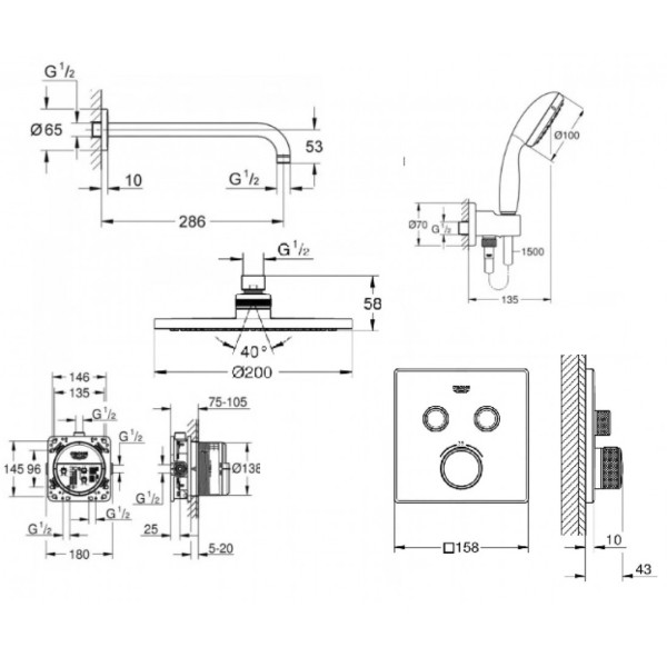 Плитка керамогранит Grohe Grohtherm Smartcontrol Душевой набор с New Tempesta Cosmopolitan 200 (3461400L) для пола
