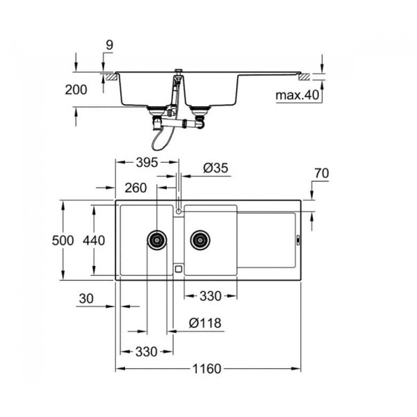 Мойдка для кухни Grohe 1160х500 мм, Granite Grey (31647AT0)