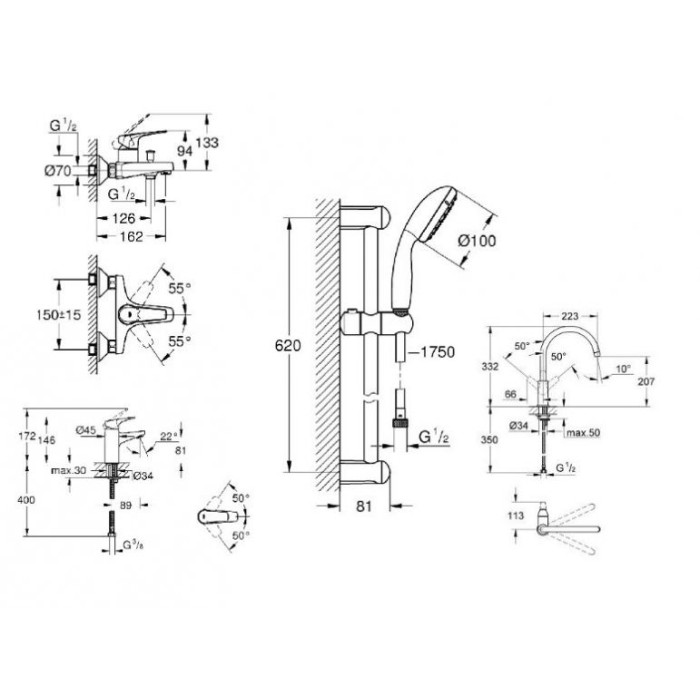 Grohe Набор смесителей BauFlow 4 в 1 для ванны и кухни (121640K)