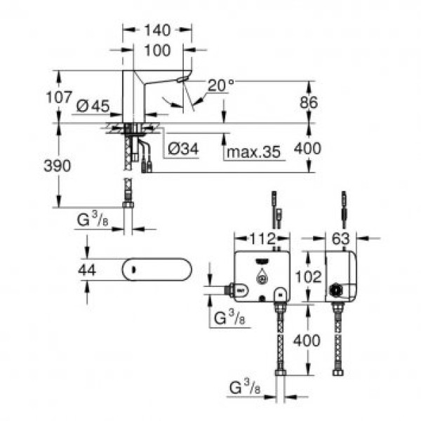 Grohe Euroeco Cosmopolitan E Powerbox Сенсорный смеситель для раковины без смешивания (36384000)