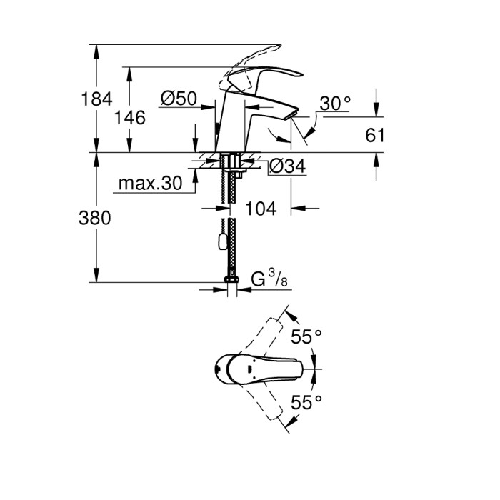 Grohe Eurosmart Смеситель однорычажный для раковины S-Size цепочка (33188002)