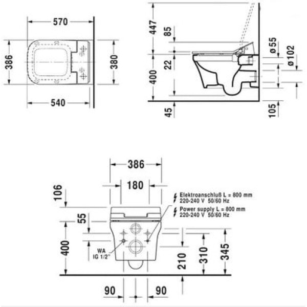 Плитка керамогранит Подвесной безободковый унитаз Duravit Rimless P3 Comforts SensoWash 2561590000 для пола