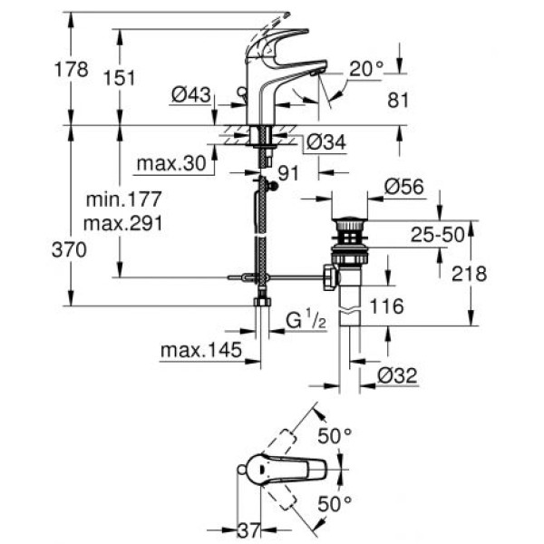 Grohe BauCurve Смеситель однорычажный для раковины S-Size (32805000)