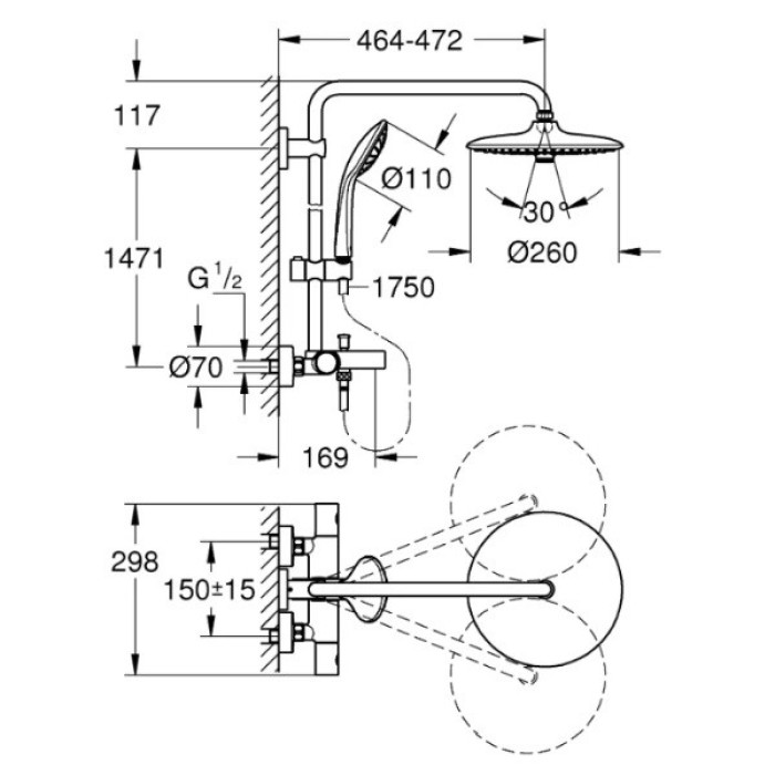 Плитка керамогранит Grohe Euphoria System 260 Душевая система для ванны с термостатом (27475001) для пола