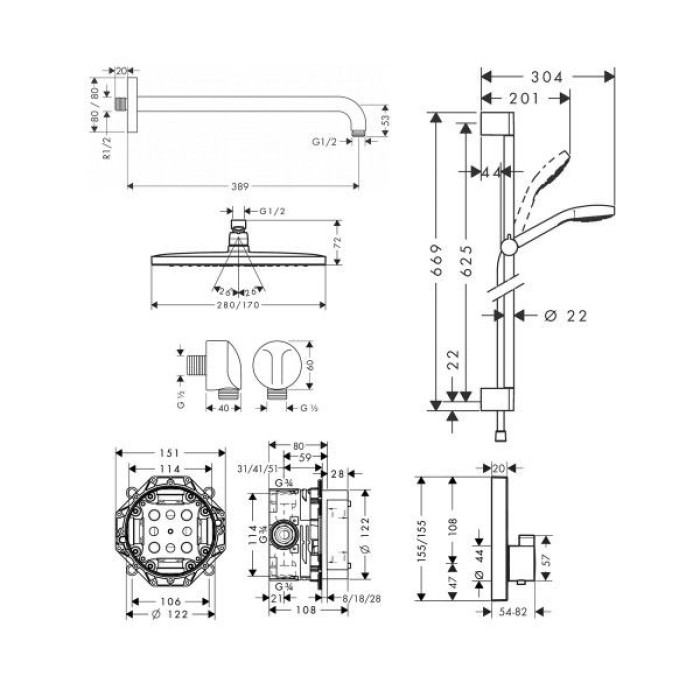 Плитка керамогранит Душевой набор Hansgrohe Select скрытого монтажа 1202019 для пола