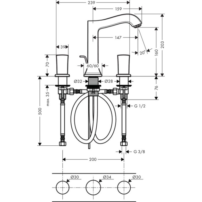 Смеситель для раковины на 3 отверстия Hansgrohe Metropol Classic 160 31305000