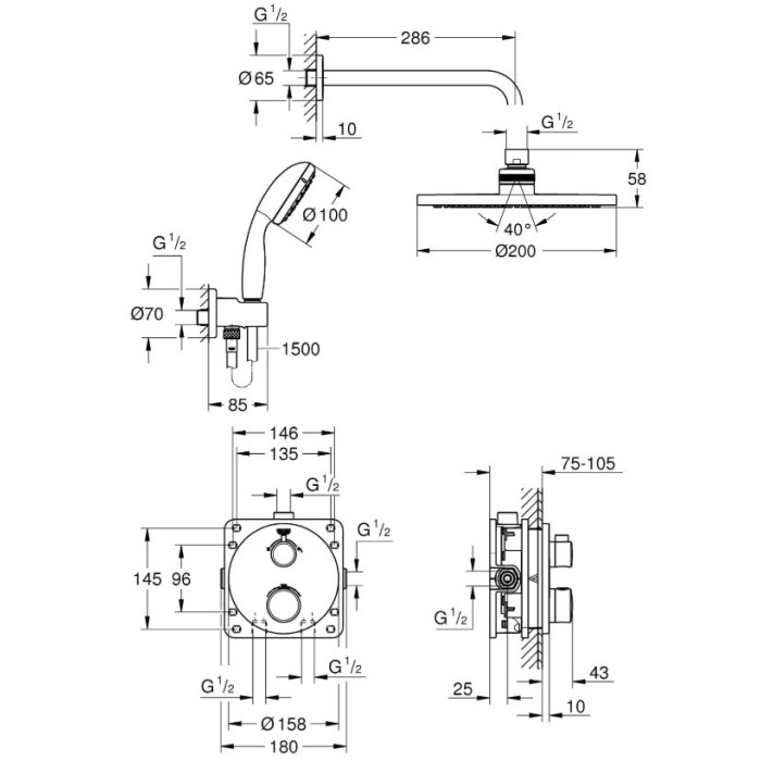 Плитка керамогранит Grohe Grohtherm Душевой набор с Tempesta Cosmopolitan 200 (3472700L) для пола