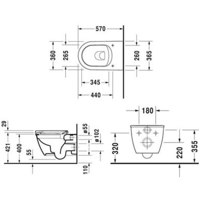 Плитка керамогранит Подвесной безободковый унитаз Duravit Rimless Darling New 2563090000 для пола
