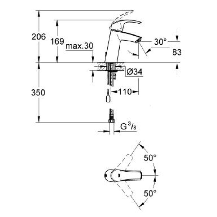 Grohe Eurosmart Смеситель однорычажный для раковины M-Size с цепочкой (23323001) Grohe Eurosmart Смеситель однорычажный для раковины M-Size с цепочкой (23323001)
