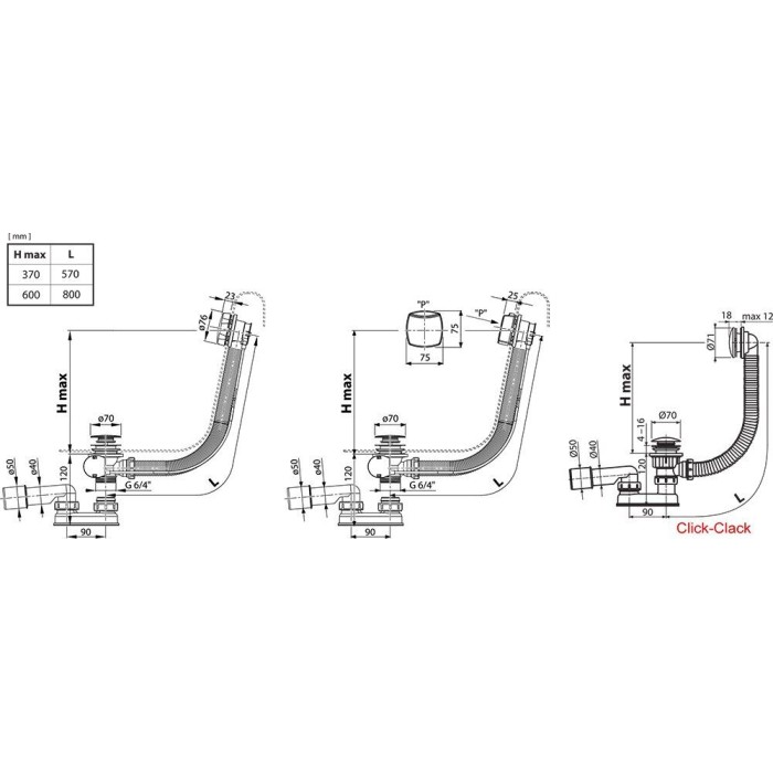 Сифон для ванны 800 Полуавтомат Хром