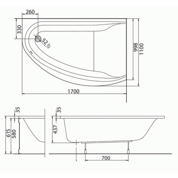 Ванна асимметричная Kolo Mirra XWA3370000 правосторонняя 170x110 с ножками