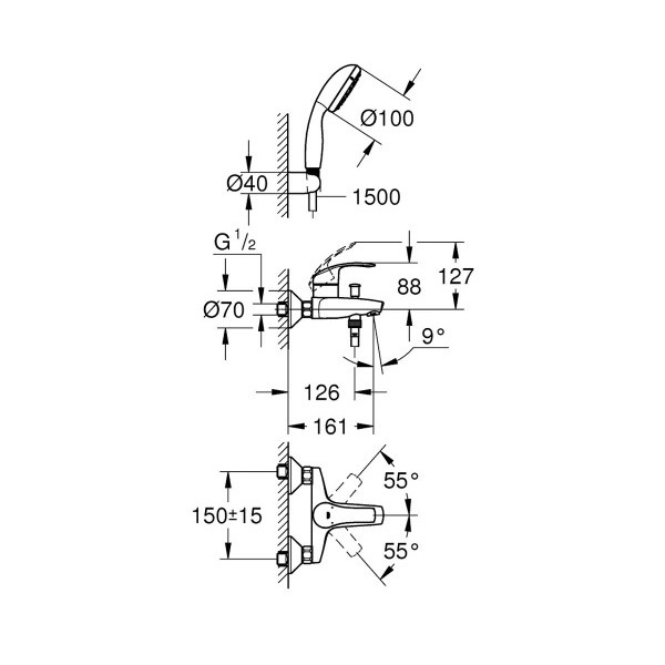 Grohe Eurosmart New Однорычажный смеситель для ванны + душевой набор (3330220A)