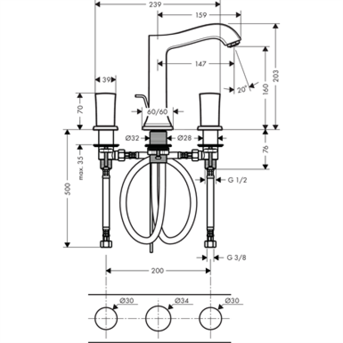 Смеситель для раковины на 3 отверстия Hansgrohe Metropol Classic 160 31305090