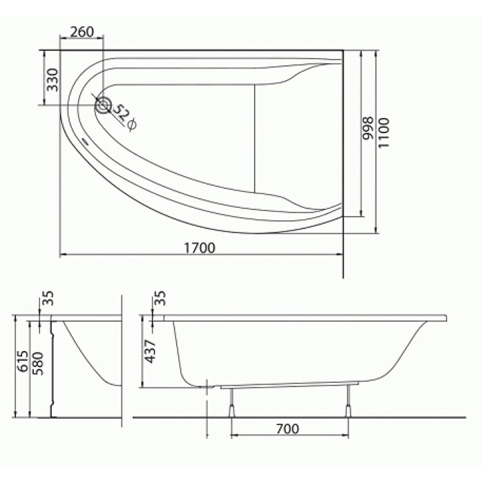 Ванна асимметричная Kolo Mirra XWA3370001 правосторонняя 170x110 с ножками и подголовником