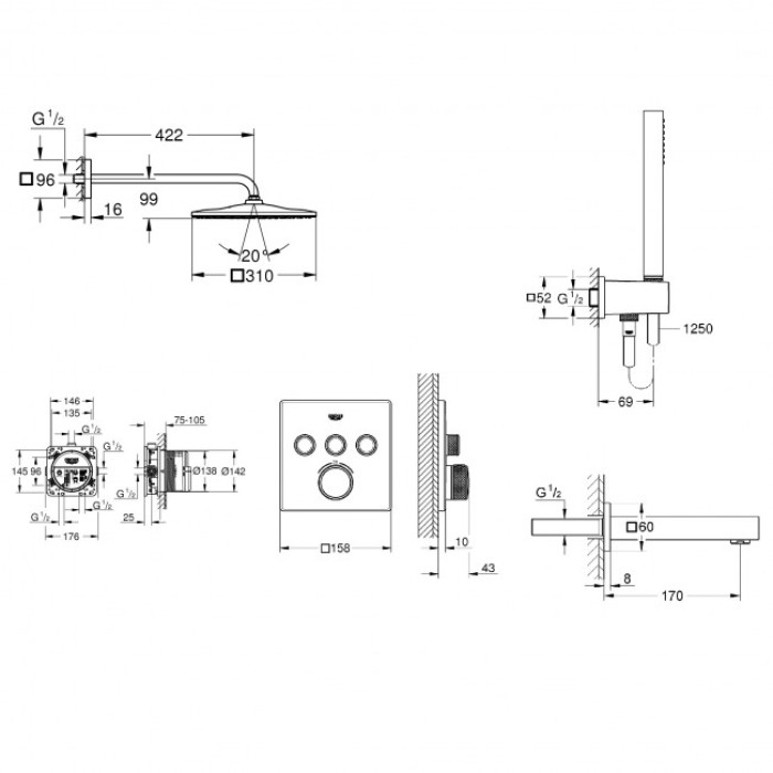 Плитка керамогранит Grohe Grohtherm SmartControl Душевая система с Rainshower 310 Mono Cube (26405SC2) для пола