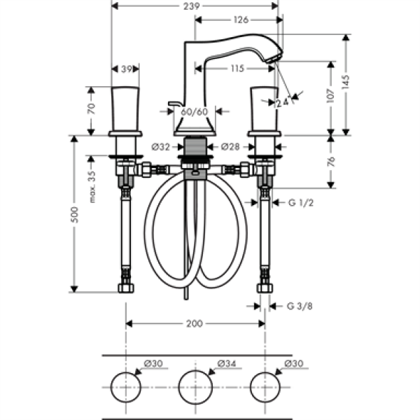 Смеситель для раковины на 3 отверстия Hansgrohe Metropol Classic 31304090