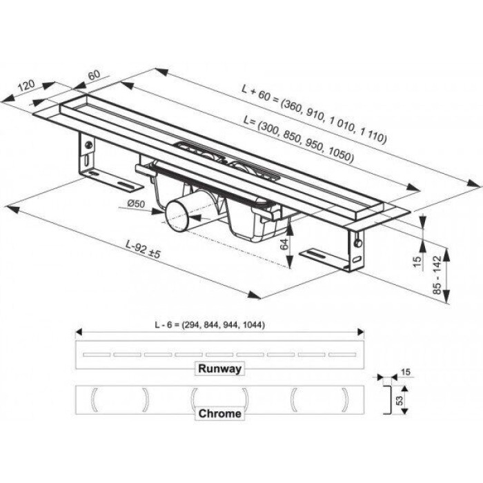 Плитка керамогранит Душовий канал Ravak Runway 950 - нержавеющая сталь для пола