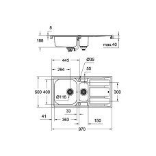 Мойдка для кухни Grohe 970x500 мм с эксцентриком, 2 чаши, матовая (31567SD0)
