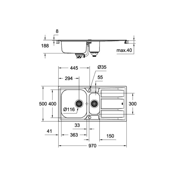 Мойдка для кухни Grohe 970x500 мм с эксцентриком, 2 чаши, матовая (31567SD0)