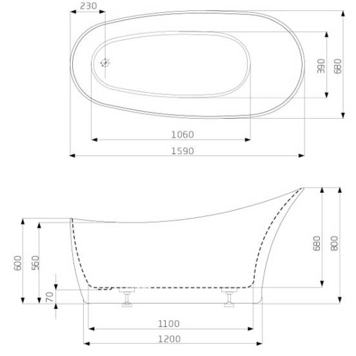 Ванна акриловая 159*70см ROCA DIGNITY A24T441000 с ножками и сифоном