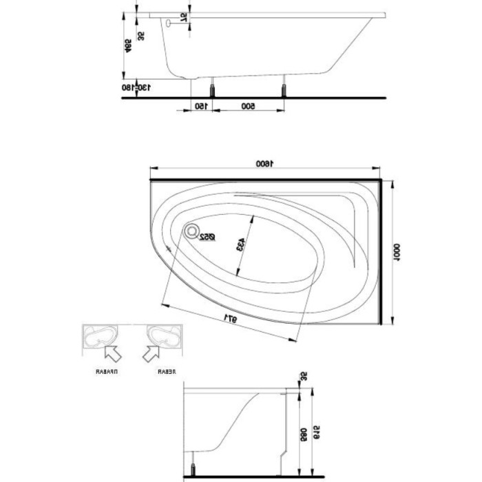Ванна асимметричная Kolo Spring XWA3060000 правосторонняя 160x100