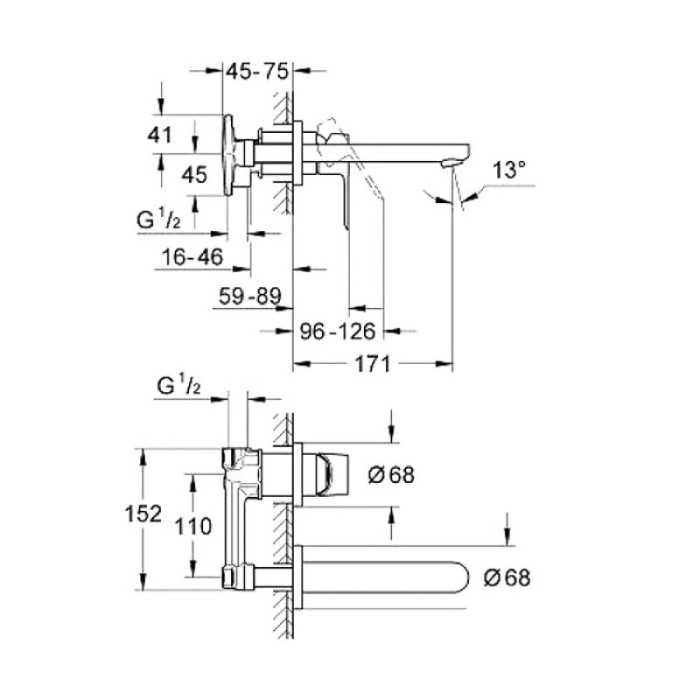 Grohe Bau Loop смеситель для умывальника на 2 отверстия настенный монтаж (20289000)