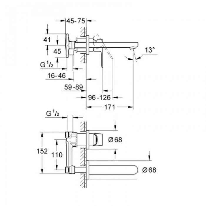 Grohe Bau Loop смеситель для умывальника на 2 отверстия настенный монтаж (20289000)