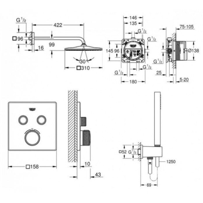 Плитка керамогранит Grohe Grohtherm SmartControl Cube душевая система скрытого монтажа 26405SC1 для пола