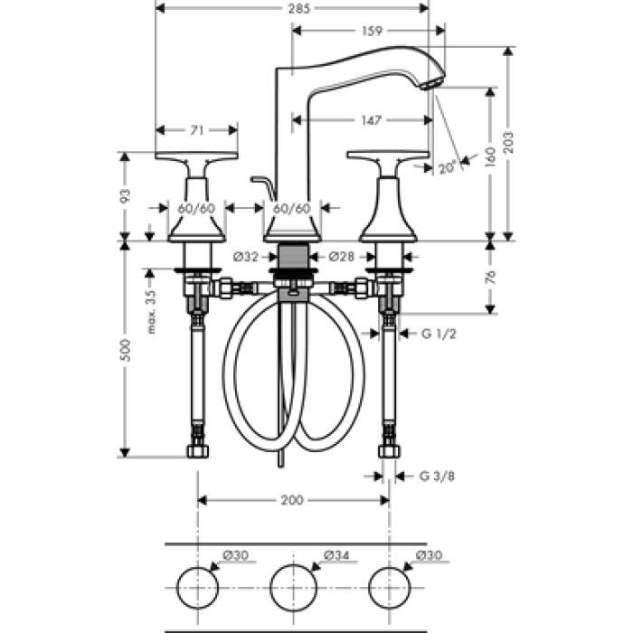 Смеситель для раковины на 3 отверстия Hansgrohe Metropol Classic 160 31307090