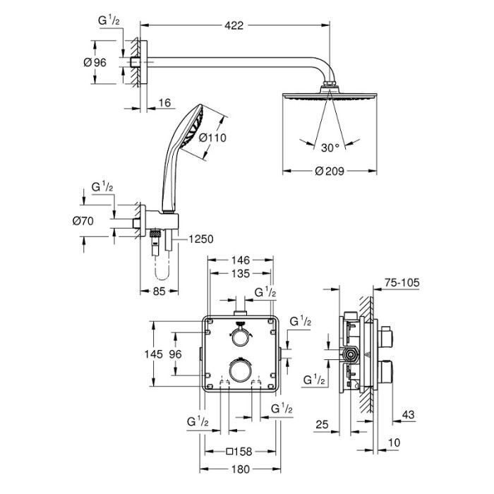 Плитка керамогранит Grohe Grohtherm Rainshower Cosmopolitan 210 душевая система 34734000 для пола