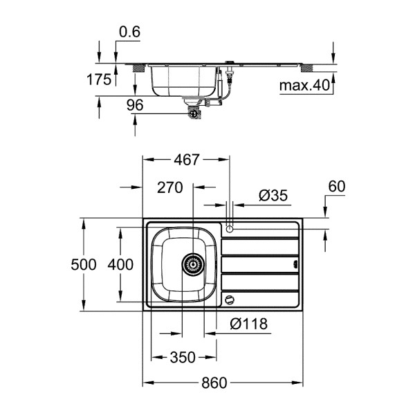 Мойдка для кухни Grohe 860x500 мм с эксцентриком, 1 чаша (31552SD1)