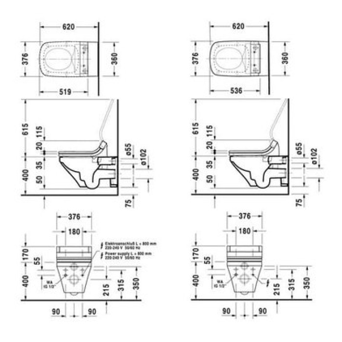 Плитка керамогранит Подвесной унитаз безободковый с крышкой Duravit Rimless DuraStyle SensoWash 631001002000300 для пола