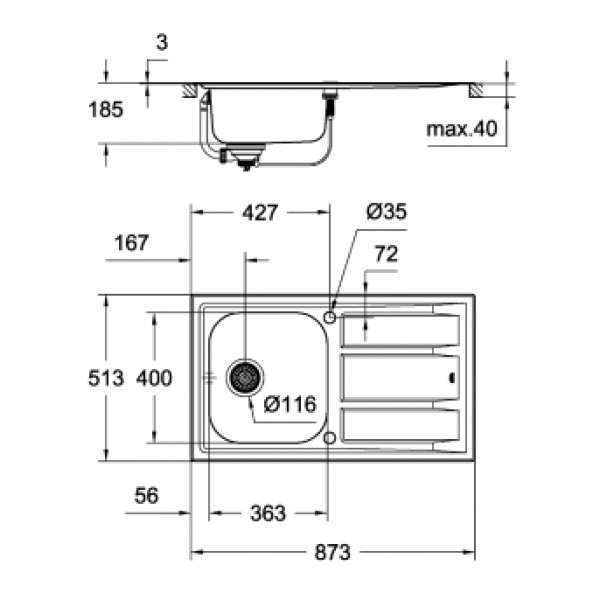 Мойдка для кухни Grohe 873x513 мм с эксцентриком, 1 чаша, матовая (31568SD0)