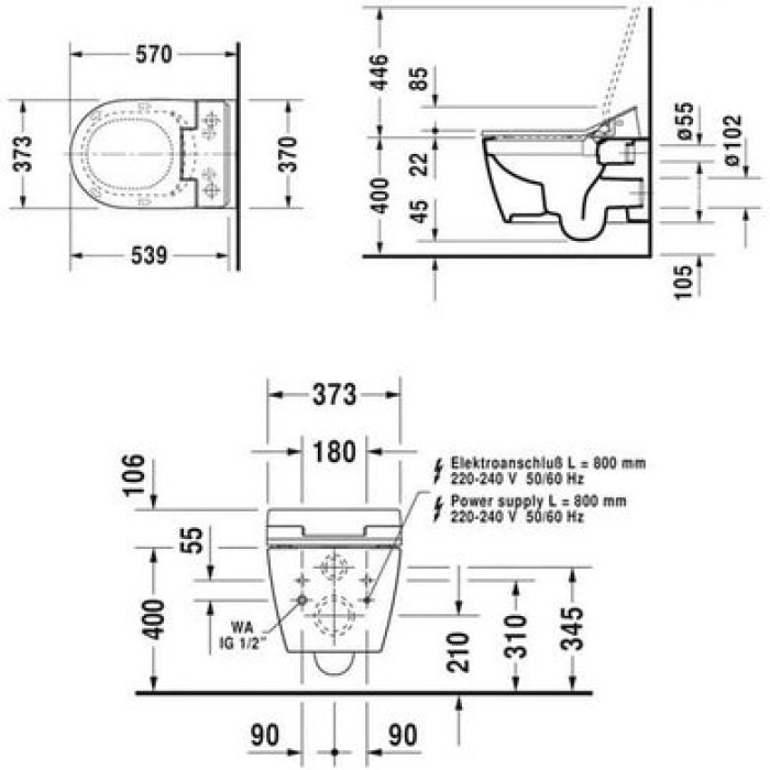 Плитка керамогранит Подвесной безободковый унитаз Duravit Rimless ME by Starck SensoWash 2529590000 для пола