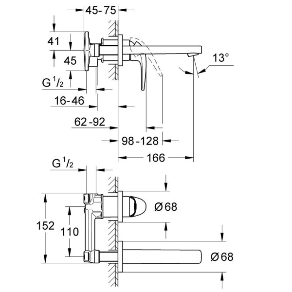 Grohe BauCurve Смеситель для раковины на два отверстия S-Size (20288000)