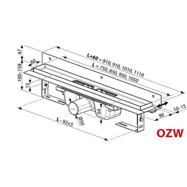 Плитка керамогранит Душовий канал Ravak OZW Chrome 950 - нержавеющая сталь для пола