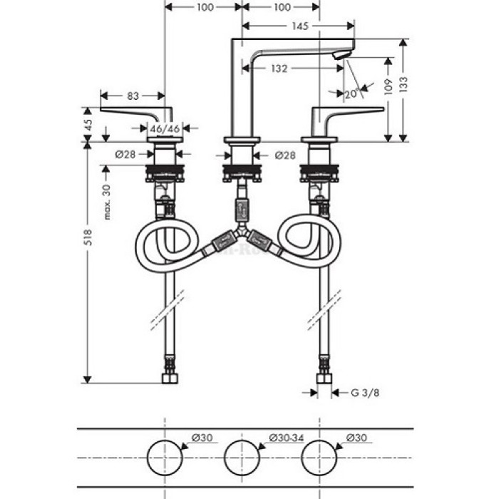 Смеситель для раковины на 3 отверстия Hansgrohe Metropol 110 74514000