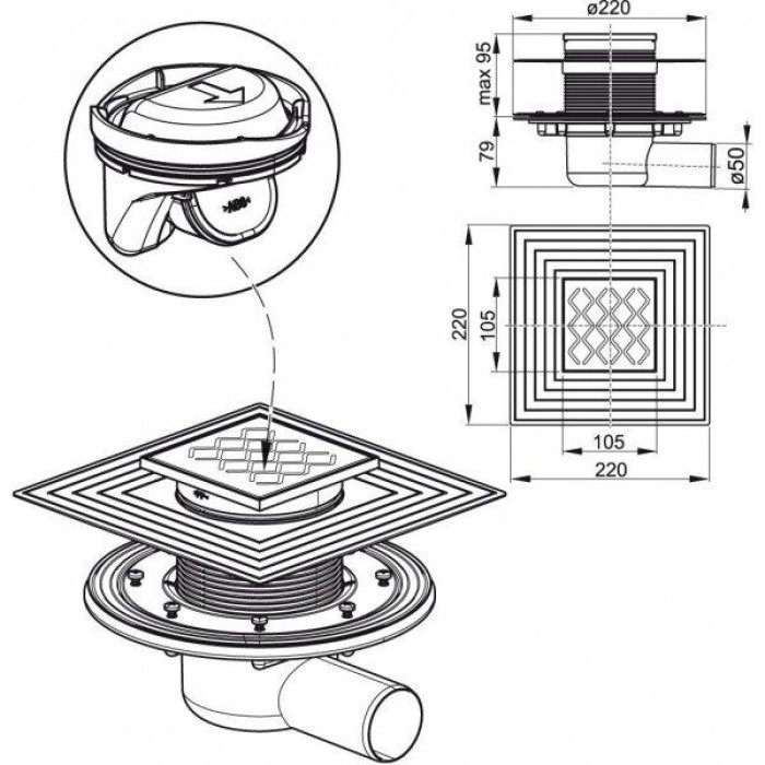 Плитка керамогранит Душевой трап Ravak SN 501 105x105/50, крышка - нержавеющая сталь для пола
