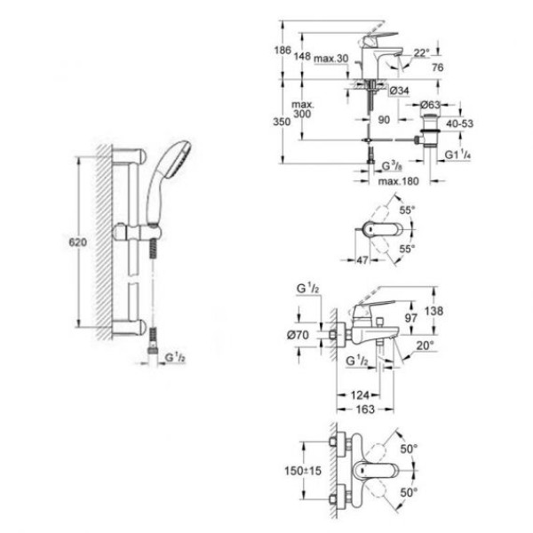 Grohe Набор смесителей Eurosmart Cosmopolitan 3 в 1 для ванны и душа (126111S)