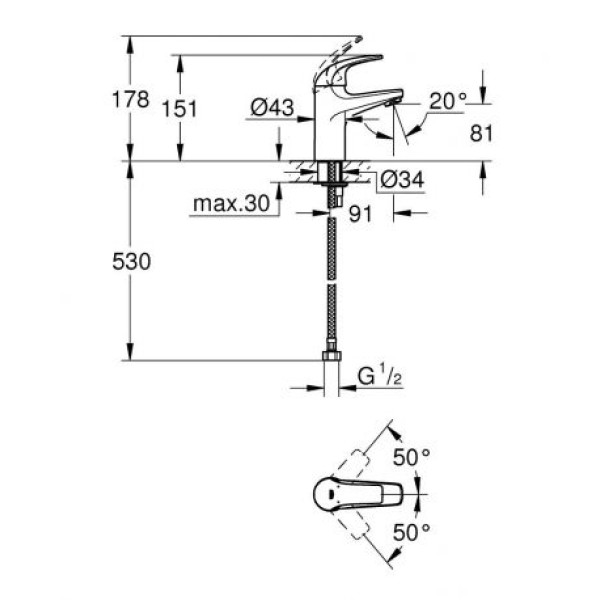 Grohe BauCurve Смеситель однорычажный для раковины S-Size (32848000)
