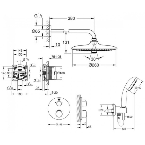Плитка керамогранит Grohe Grohtherm Euphoria 260 Душевая система скрытого монтажа 34614SC5 для пола