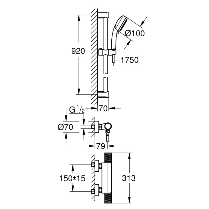 Grohe Grohtherm 1000 Performance Термостат для душа с душевым гарнитуром (34784000)
