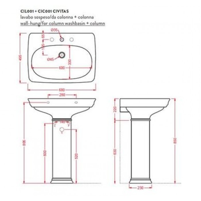 Керамическая раковина 68 см Artceram Civitas, pink acquarello (CIL001 33;00)