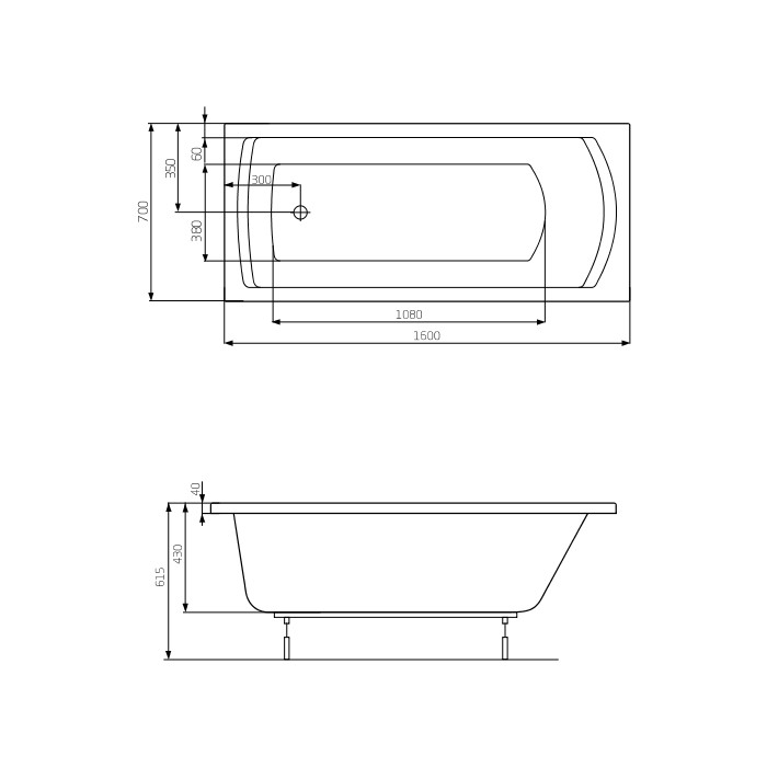 Ванна акриловая 160*70см ROCA LINEA A24T018000 с ножками